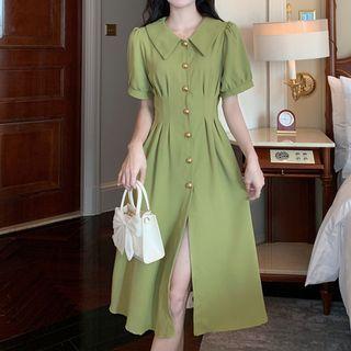 Plain Polo-sleeve Waist Dress