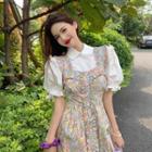 Puff-sleeve Ruffled Blouse / Sleeveless Floral Printed Dress