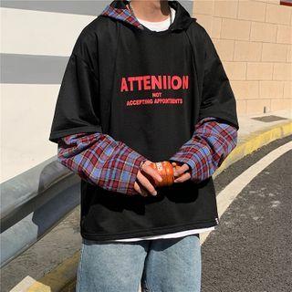 Long-sleeve Lettering Plaid Panel Mock Two Piece Hoodie