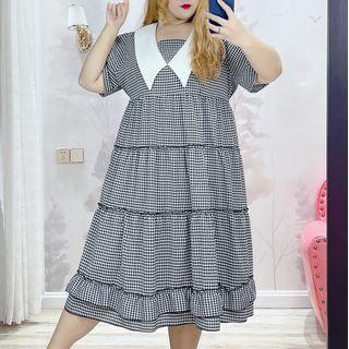 Short-sleeve Plaid Tiered Midi A-line Dress