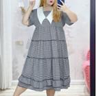 Short-sleeve Plaid Tiered Midi A-line Dress