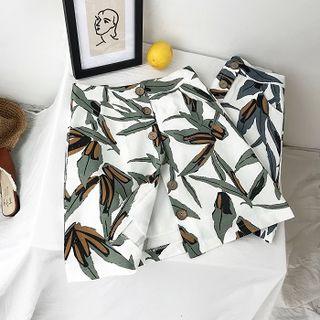 Leaf Print Buttoned A-line Skirt