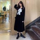 Collared Long-sleeve A-line Midi Velvet Dress Black - One Size