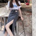 Short-sleeve Lettering T-shirt / Denim Slit Midi A-line Skirt