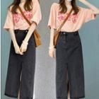 Short-sleeve Lettering T-shirt / Side-slit Denim Midi Pencil Skirt / Set