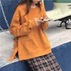 Plain Round-neck Loose-fit Sweatshirt / Plaid Midi Skirt