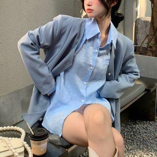 Long Sleeve Oversized Shirt / V-neck Padded-shoulder Oversized Collarless Blazer