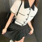 Short-sleeve Buttoned Crop Top / Pleated A-line Mini Skirt