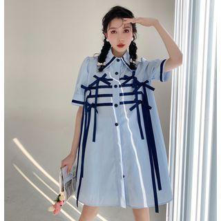 Elbow-sleeve Ribbon Mini Shirtdress