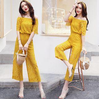 Set: Elbow-sleeve Off Shoulder Lace Top + Cropped Pants
