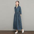 Plain Elbow Sleeve V-neck Tie-waist Dress