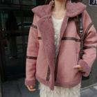 Belted-detail Faux-shearling Jacket Light Pink - One Size