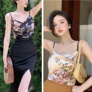 Sleeveless Floral Print Top / Plain High-waist Slim-fit Skirt