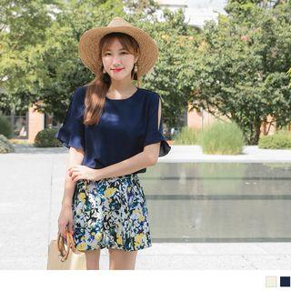 Slit Bell Short Sleeve Square Neck Top