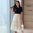 Short Sleeve Beaded Knit Top / Layered A-line Skirt