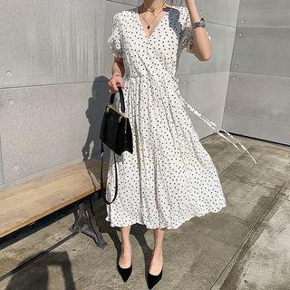 Surplice-wrap Long Dot Dress Ivory - One Size