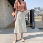 Button-front Dual-pocket A-line Skirt Light Beige - One Size