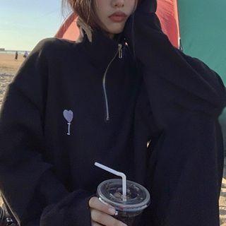 Heart Embroidered Half-zip Sweatshirt