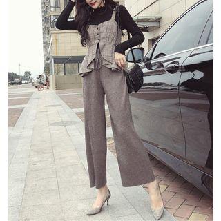 Set: Plaid Camisole Top + Lettuce Edge Long-sleeve Knit Top + Cropped Wide-leg Pants