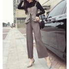 Set: Plaid Camisole Top + Lettuce Edge Long-sleeve Knit Top + Cropped Wide-leg Pants