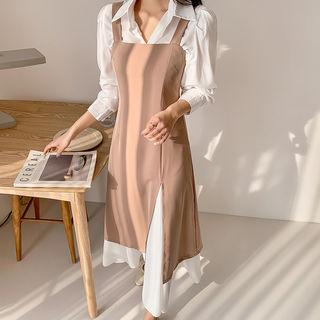 Set: Plain Blouse + Layered-hem Pinafore Dress