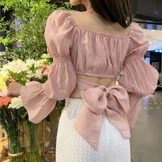 Long-sleeve Square-neck Bow Accent Cropped Shirt