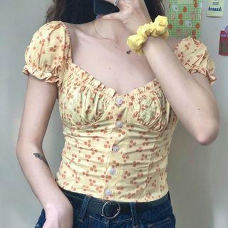 Floral Short-sleeve Top Yellow - One Size