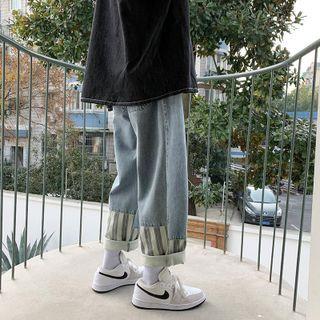 Striped Trim Washed Straight Leg Jeans