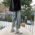 Striped Trim Washed Straight Leg Jeans