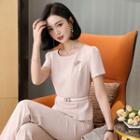 Short-sleeve Blouse With Belt / Bootcut Dress Pants / Set
