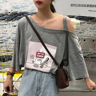 Elbow-sleeve Print Cut Out T-shirt