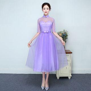 Lace Panel Mandarin Collar Elbow Sleeve Bridesmaid Dress