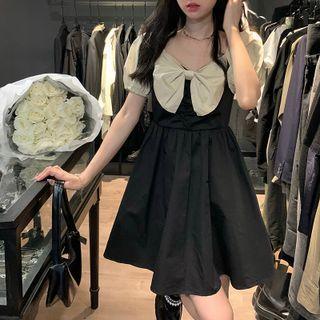 Bow Color Block Puff-sleeve Dress