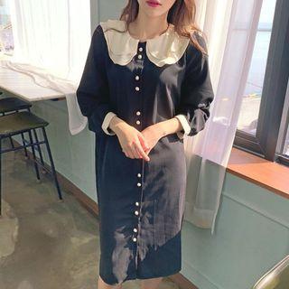 Ruffle-neck Button-detail Shirtdress Black - One Size