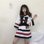 Bell-sleeve Printed Color-block T-shirt