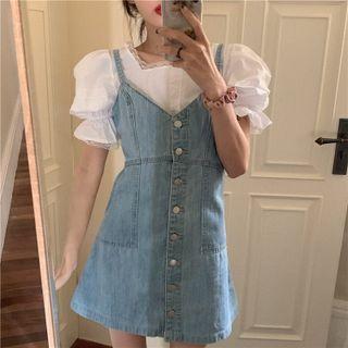 Puff-sleeve Lace Trim Top / Washed Denim Mini A-line Overall Dress