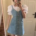 Puff-sleeve Lace Trim Top / Washed Denim Mini A-line Overall Dress
