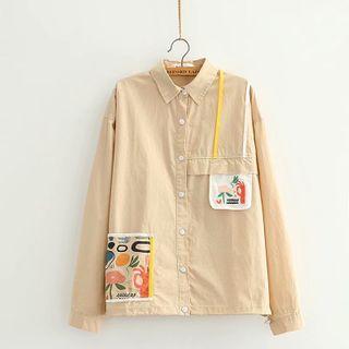 Embroidered Pocket Oversize Long-sleeve Shirt