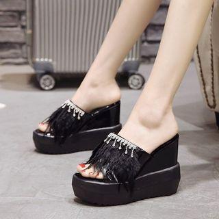 Feather Detail Wedge Slide Sandals