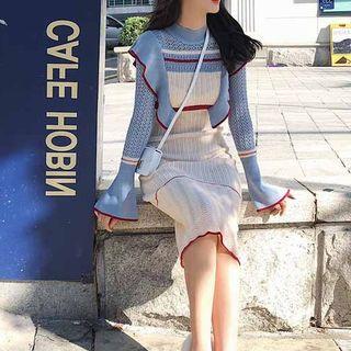 Long-sleeve Color Block Knit Dress / Midi Dress