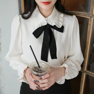 Contrast Detachable-ribbon Frill-detail Blouse