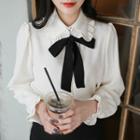 Contrast Detachable-ribbon Frill-detail Blouse