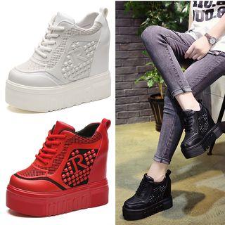 Platform Hidden-heel Studded Lace-up Sneakers