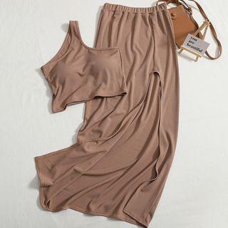 Set: One-shoulder Crop Tank Top + Side-slit Midi Pencil Skirt