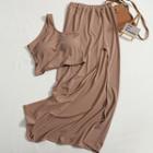 Set: One-shoulder Crop Tank Top + Side-slit Midi Pencil Skirt