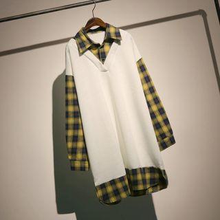 Mock Two-piece Plaid Shirt Dress