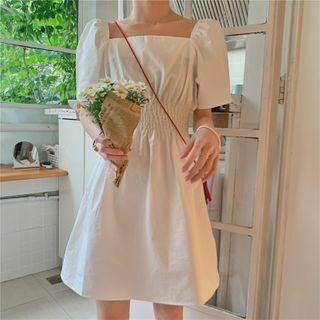 Short-sleeve Square-neck Mini A-line Dress White - One Size