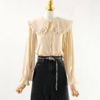 Flower Detail Shirt / Denim A-line Skirt / Waist Chain / Set