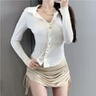 Button Up Peter Pan Collartop / High Waist Drawstring Mini Skirt
