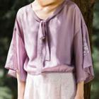 Set: Floral Embroidered 3/4-sleeve Chiffon Blouse + Camisole Top